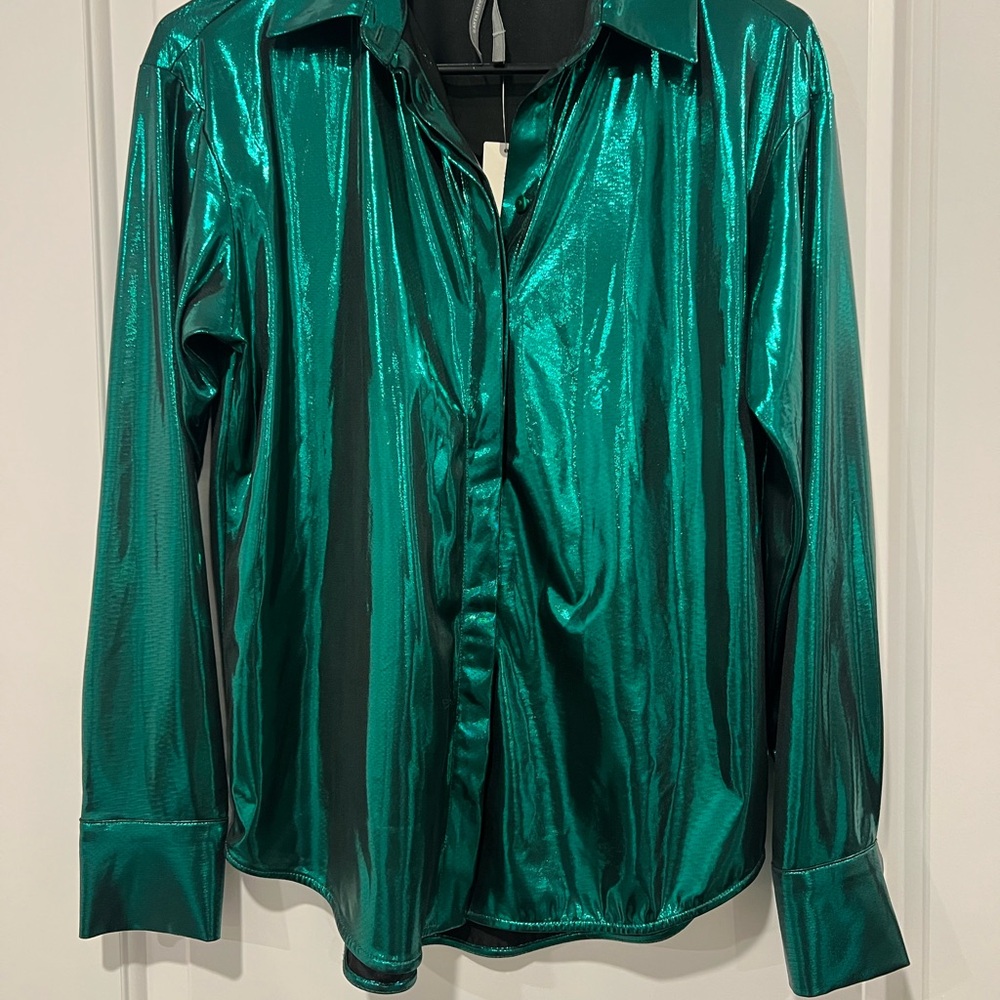 Anthropologie Metallic Green Button Down Shirt NWT